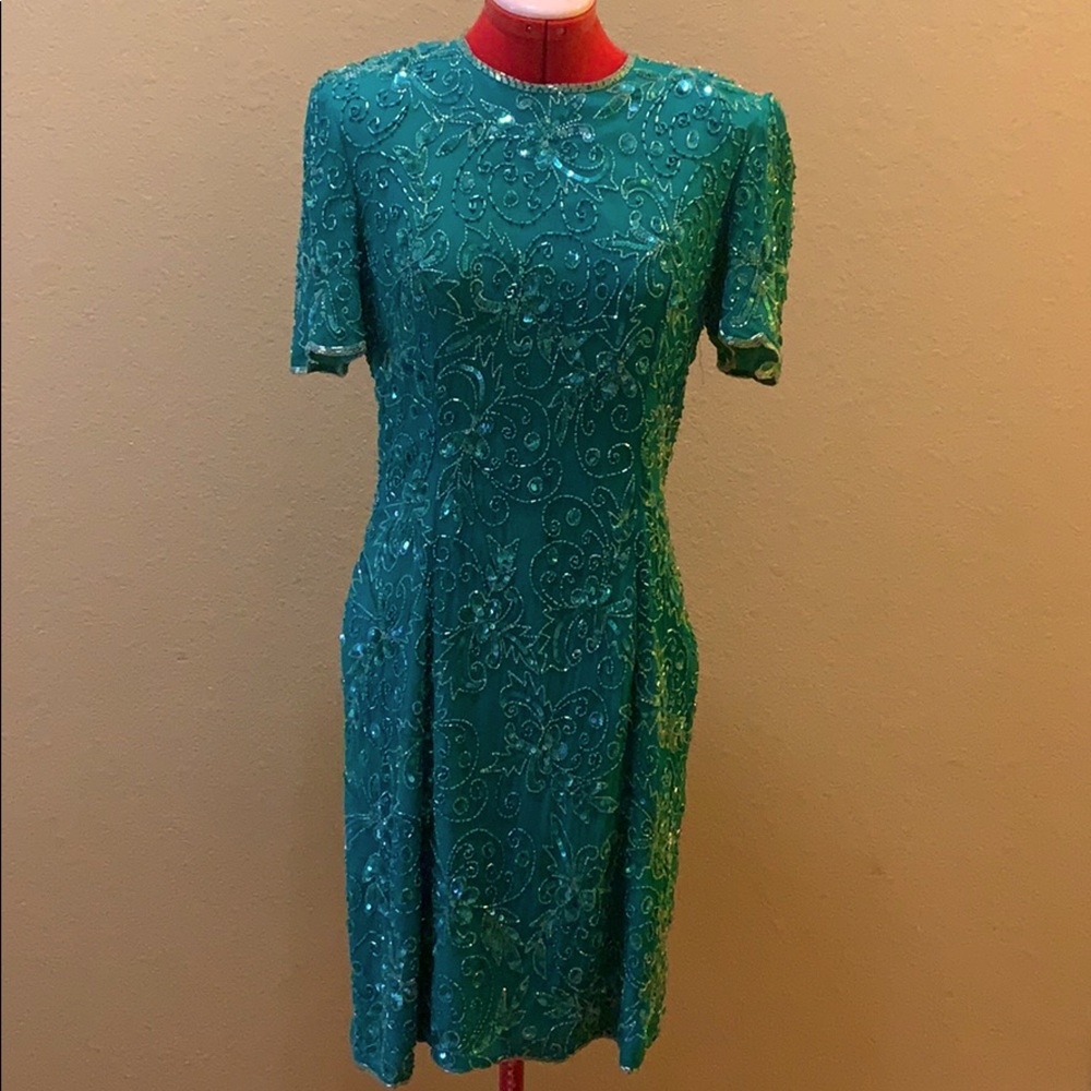Papell Boutique Evening Teal beaded dress